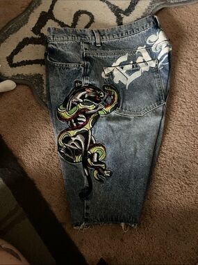 Ed Hardy Blue Denim Shorts with Bold Snake Patch